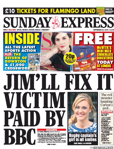 Daily Express Sunday Newspaper Front Page (UK) for 20 September 2015