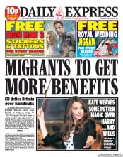 Daily Express Sunday (UK) Newspaper Front Page for 27 April 2013