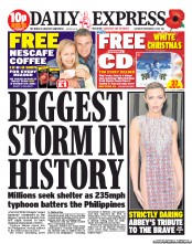 Daily Express Sunday (UK) Newspaper Front Page for 9 November 2013