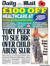 Daily Mail (UK) Newspaper Front Page for 10 November 2012