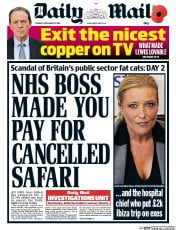Daily Mail (UK) Newspaper Front Page for 10 November 2015