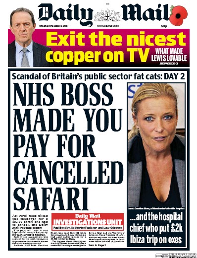 Daily Mail Newspaper Front Page (UK) for 10 November 2015