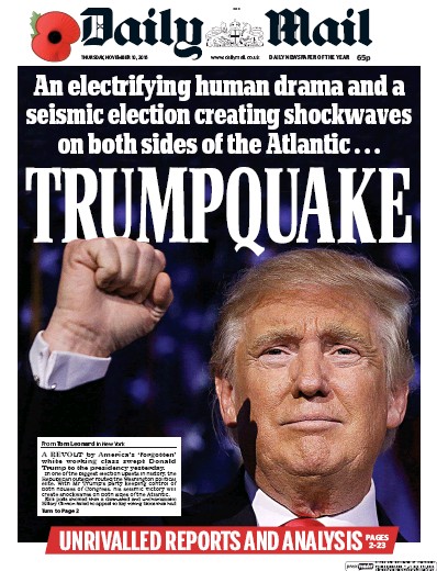 Daily Mail Newspaper Front Page (UK) for 10 November 2016