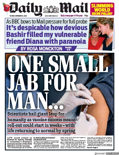 Daily Mail Newspaper Front Page (UK) for 10 November 2020