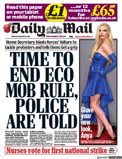 Daily Mail Newspaper Front Page (UK) for 10 November 2022
