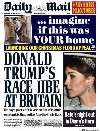 Daily Mail Newspaper Front Page (UK) for 10 December 2015