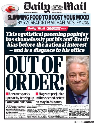 Daily Mail Newspaper Front Page (UK) for 10 January 2019