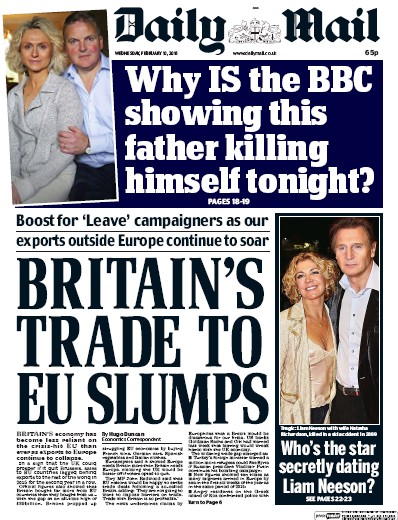 Daily Mail Newspaper Front Page (UK) for 10 February 2016
