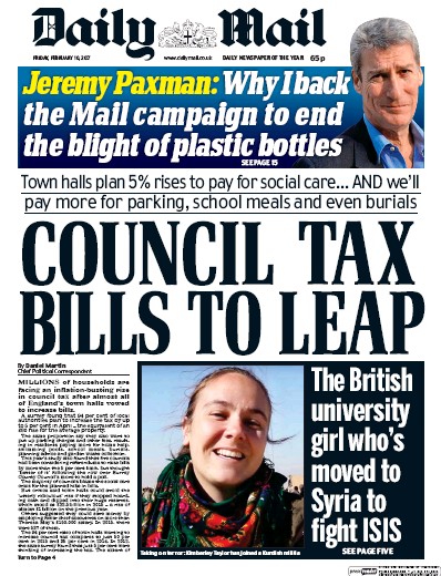 Daily Mail Newspaper Front Page (UK) for 10 February 2017