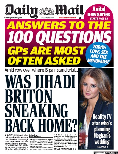 Daily Mail Newspaper Front Page (UK) for 10 February 2018