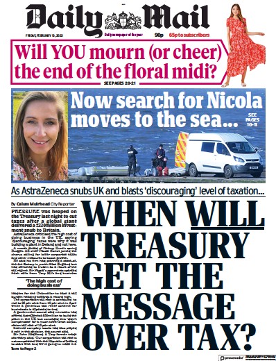 Daily Mail Newspaper Front Page (UK) for 10 February 2023