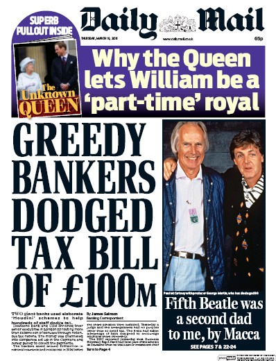 Daily Mail Newspaper Front Page (UK) for 10 March 2016