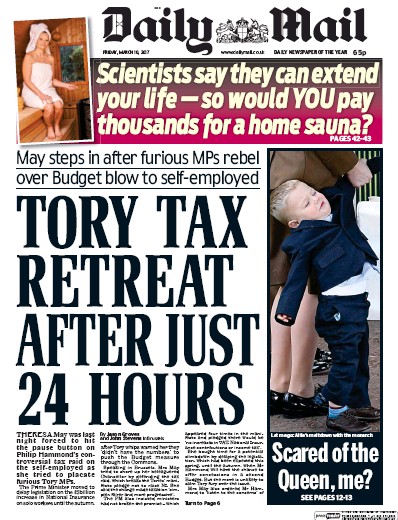Daily Mail Newspaper Front Page (UK) for 10 March 2017