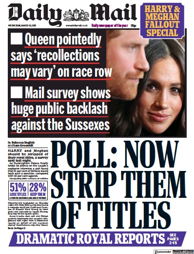 Daily Mail Newspaper Front Page (UK) for 10 March 2021