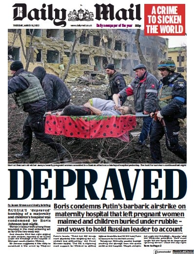 Daily Mail Newspaper Front Page (UK) for 10 March 2022
