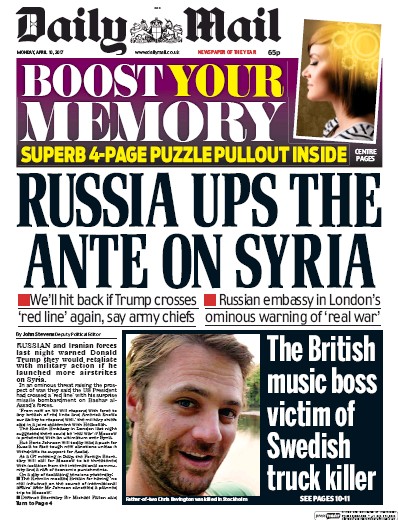 Daily Mail Newspaper Front Page (UK) for 10 April 2017