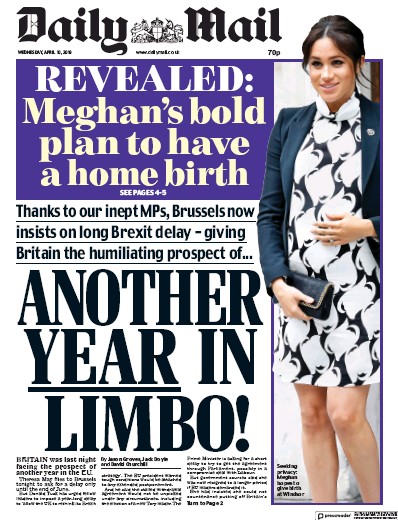 Daily Mail Newspaper Front Page (UK) for 10 April 2019