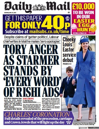 Daily Mail Newspaper Front Page (UK) for 10 April 2023
