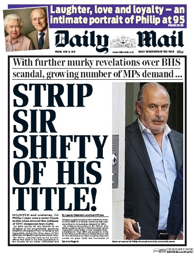 Daily Mail Newspaper Front Page (UK) for 10 June 2016