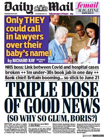 Daily Mail Newspaper Front Page (UK) for 10 June 2021