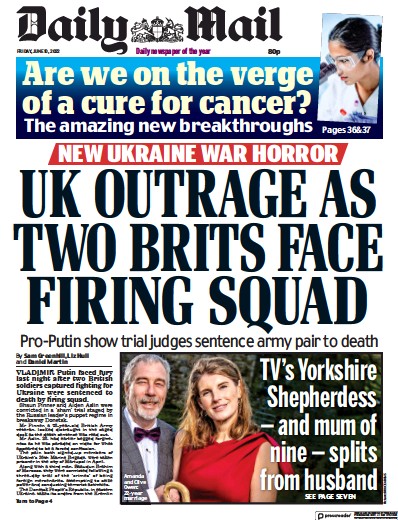 Daily Mail Newspaper Front Page (UK) for 10 June 2022