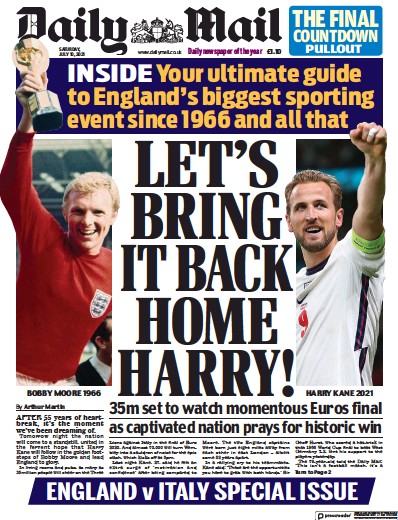 Daily Mail Newspaper Front Page (UK) for 10 July 2021