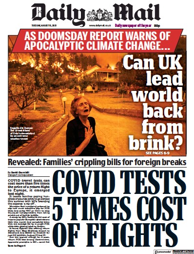 Daily Mail Newspaper Front Page (UK) for 10 August 2021