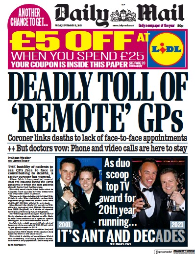 Daily Mail Newspaper Front Page (UK) for 10 September 2021