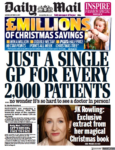 Daily Mail Newspaper Front Page (UK) for 11 October 2021
