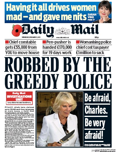 Daily Mail Newspaper Front Page (UK) for 11 November 2015