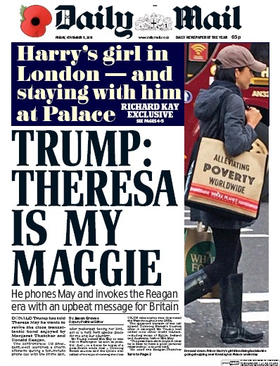 Daily Mail Newspaper Front Page (UK) for 11 November 2016