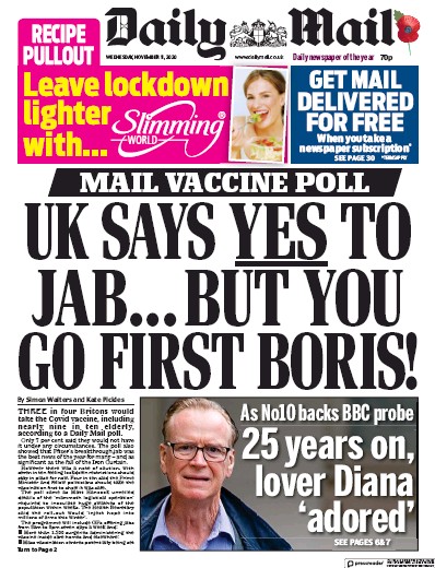 Daily Mail Newspaper Front Page (UK) for 11 November 2020