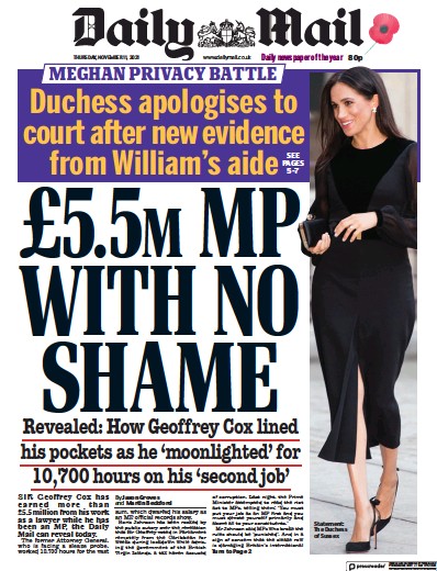 Daily Mail Newspaper Front Page (UK) for 11 November 2021