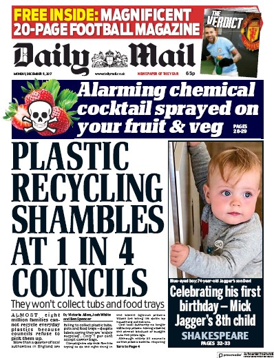 Daily Mail Newspaper Front Page (UK) for 11 December 2017