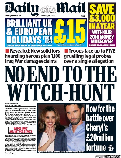 Daily Mail Newspaper Front Page (UK) for 11 January 2016