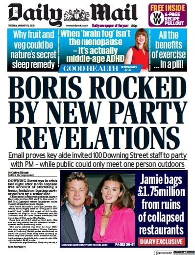 Daily Mail Newspaper Front Page (UK) for 11 January 2022