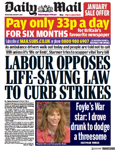 Daily Mail Newspaper Front Page (UK) for 11 January 2023