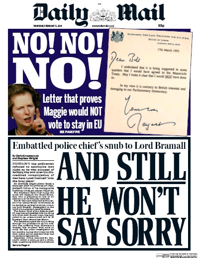 Daily Mail Newspaper Front Page (UK) for 11 February 2016