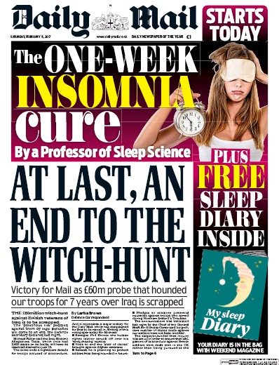 Daily Mail Newspaper Front Page (UK) for 11 February 2017