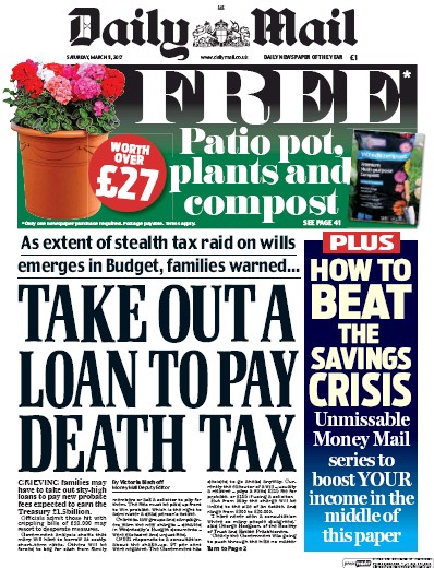 Daily Mail Newspaper Front Page (UK) for 11 March 2017