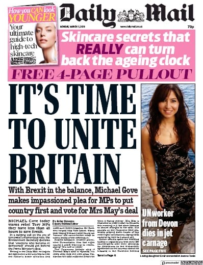 Daily Mail Newspaper Front Page (UK) for 11 March 2019