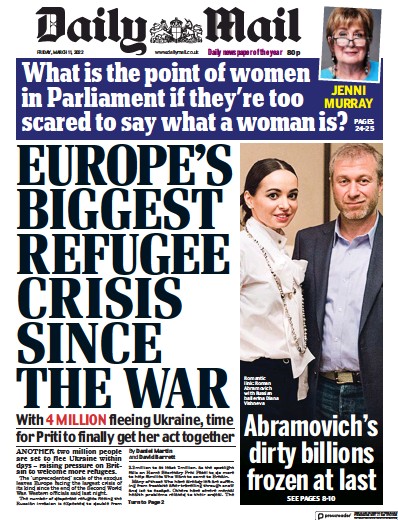 Daily Mail Newspaper Front Page (UK) for 11 March 2022