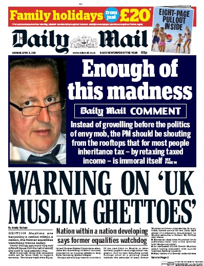 Daily Mail Newspaper Front Page (UK) for 11 April 2016