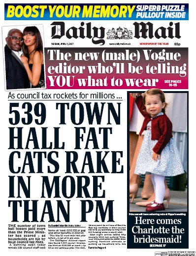 Daily Mail Newspaper Front Page (UK) for 11 April 2017