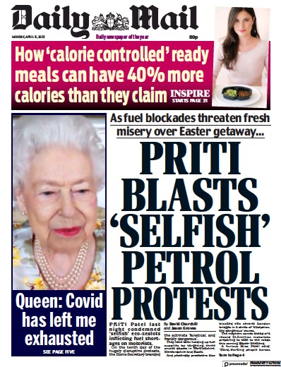 Daily Mail Newspaper Front Page (UK) for 11 April 2022