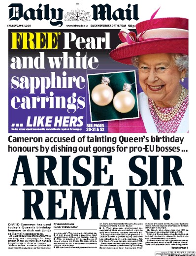 Daily Mail Newspaper Front Page (UK) for 11 June 2016