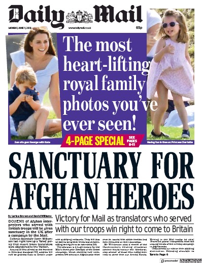 Daily Mail Newspaper Front Page (UK) for 11 June 2018