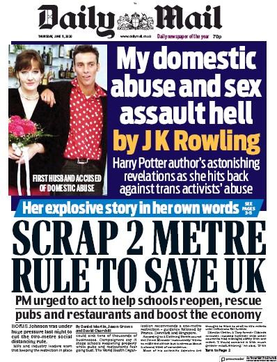 Daily Mail Newspaper Front Page (UK) for 11 June 2020
