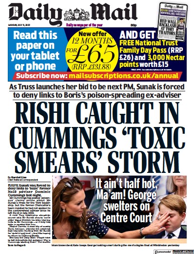 Daily Mail Newspaper Front Page (UK) for 11 July 2022