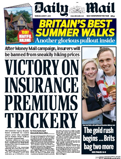 Daily Mail Newspaper Front Page (UK) for 11 August 2016